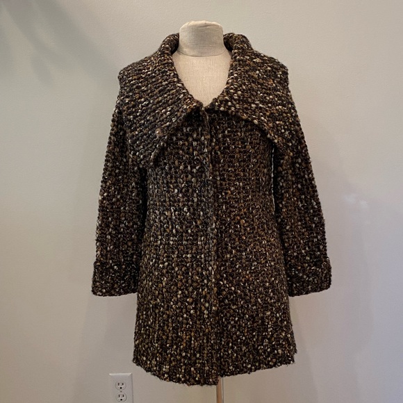 Curio Womens Textured Long Tan Black Cream Knit Cardigan w Wing Collar / Size M - Picture 2 of 10